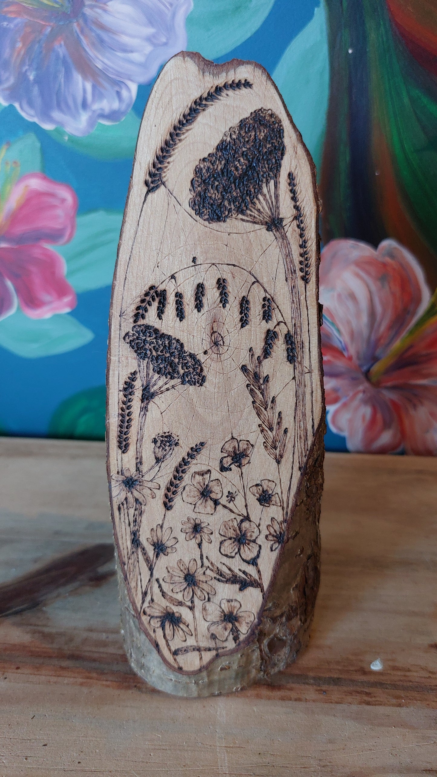 Wildflower and spiders web pyrography woodcut (w2)