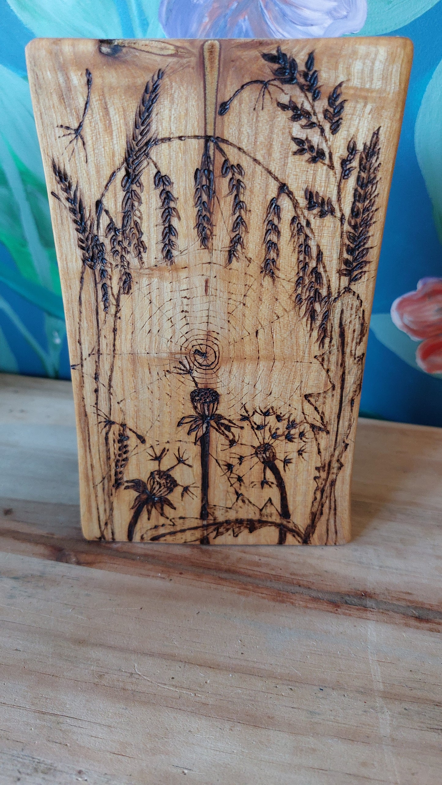Dandelion and spiders web design pyrography Woodcut (w1)