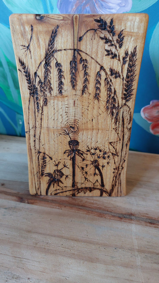 Dandelion and spiders web design pyrography Woodcut (w1)